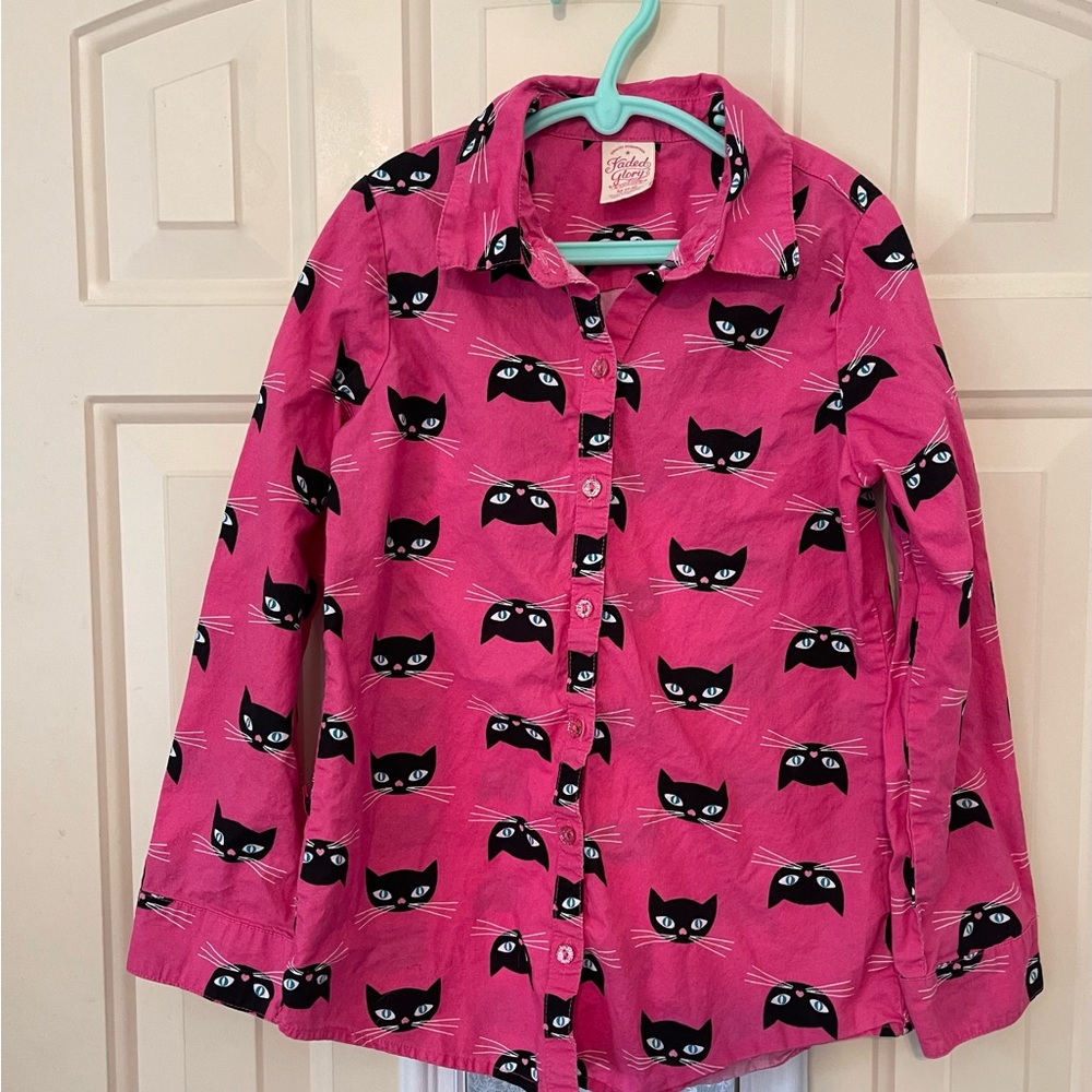 Girls Faded Glory Pink Cat Pattern Shirt